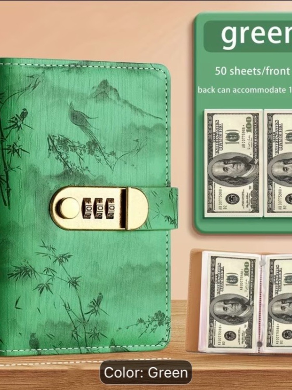 Green Combination-Lock Cash Wallet Secure Organizer Binder Savings Challenge
